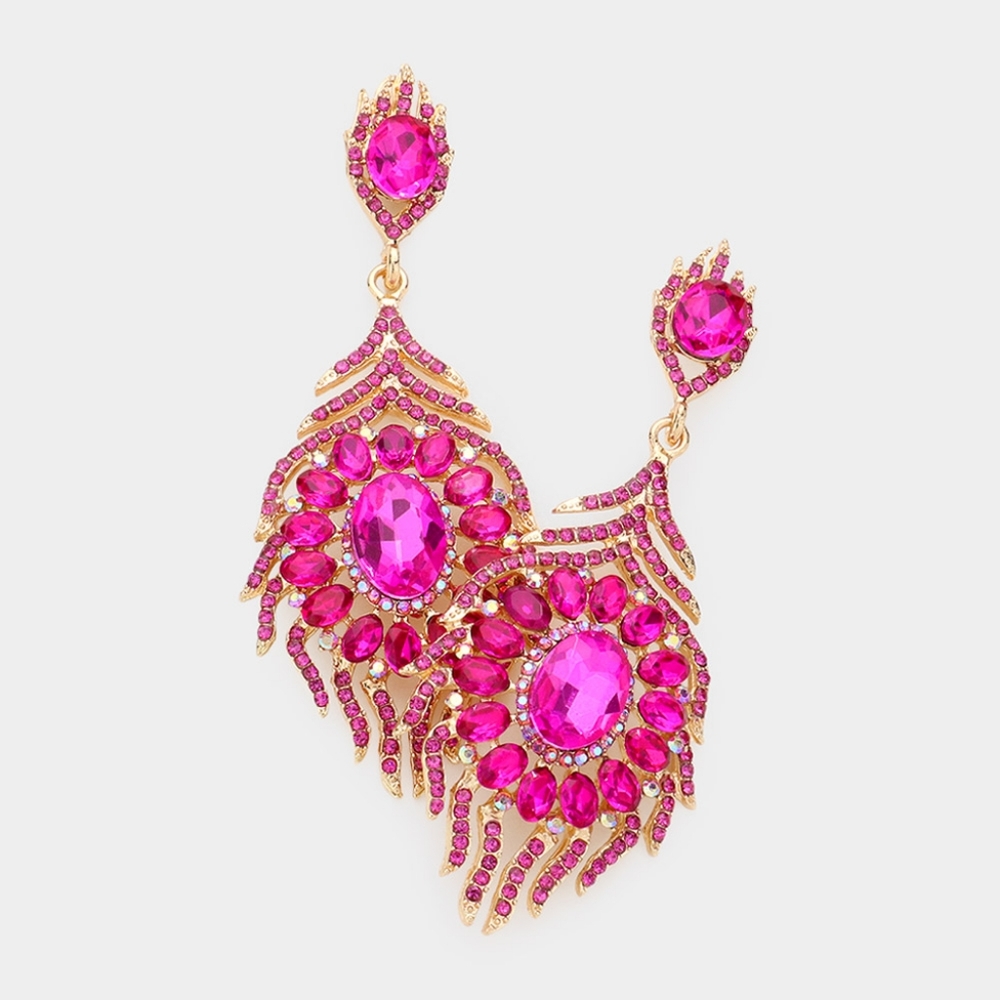 Fuchsia Flame Dangle Oval Rhinestone Crystal Earrings 3.25 Inch Drop Jewelry